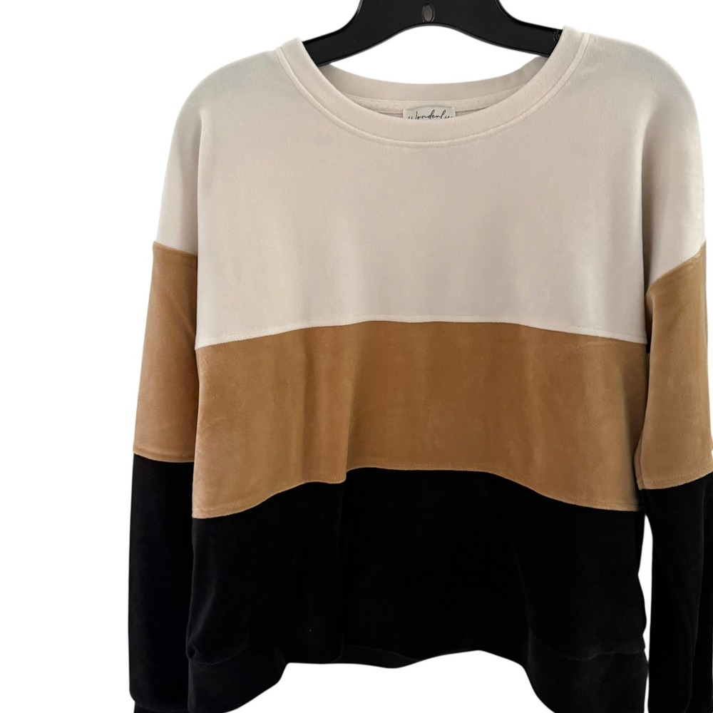 Wonderly‎ Color Block Velour M Medium Sweater Crewneck Cream Brown Black